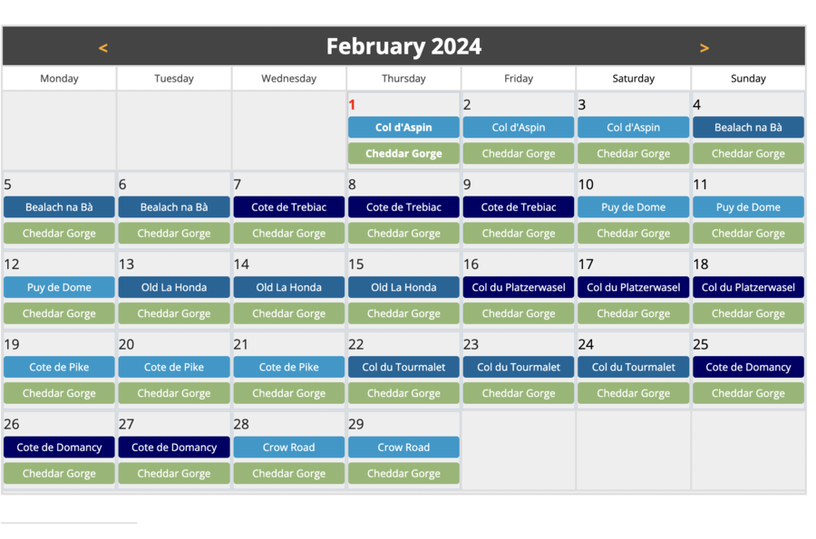 Calendrier Climb Portal Zwift, février 2024.