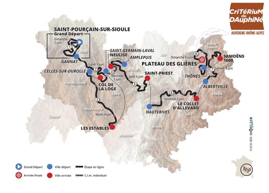 Parcours et profils des étapes du Critérium du Dauphiné 2024.