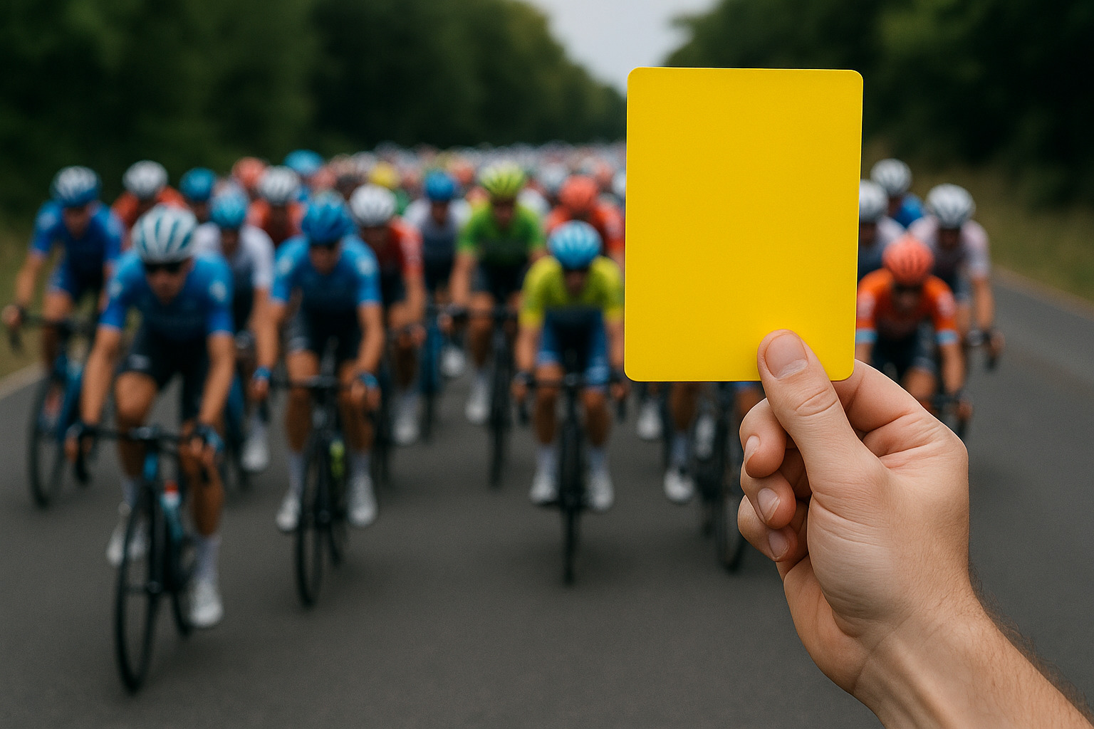 Carton jaune brandi devant un peloton de cyclistes pendant une course.