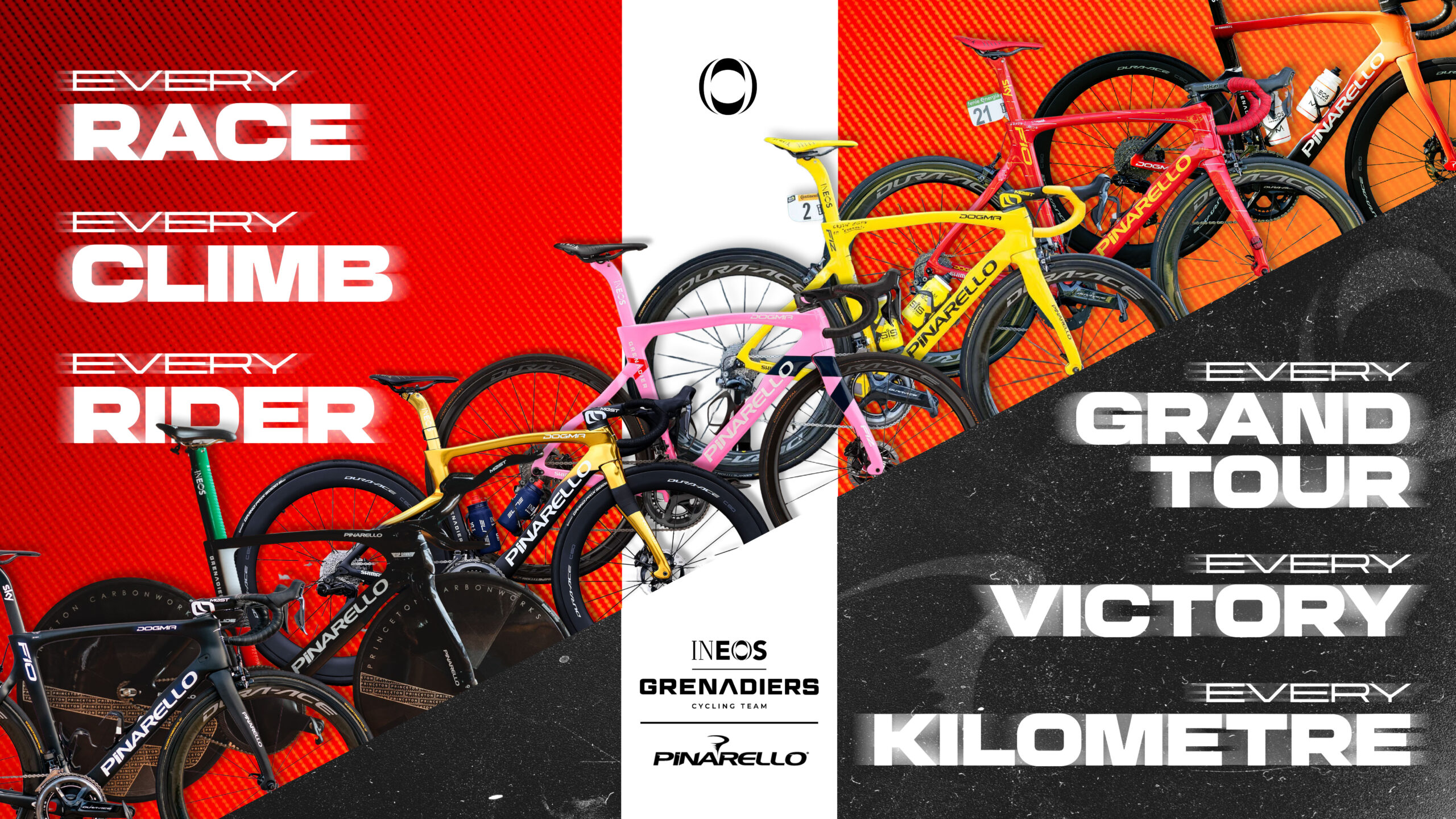 Les coureurs INEOS Grenadiers sur leurs vélos Pinarello Dogma F lors d’un entraînement collectif.