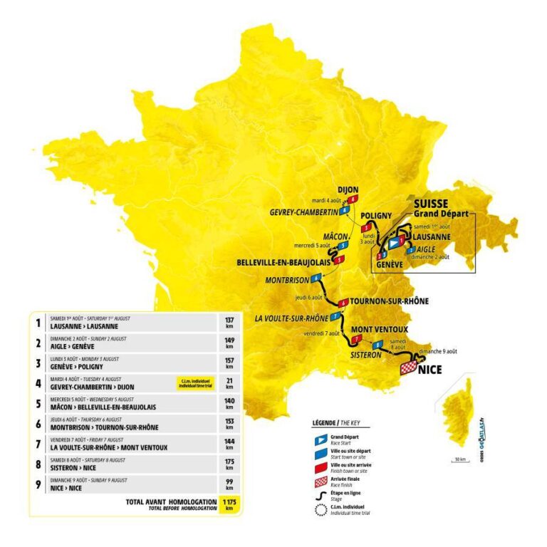 Carte du parcours du Tour de France Femmes 2026 reliant Lausanne à Nice avec passage par le Mont Ventoux.