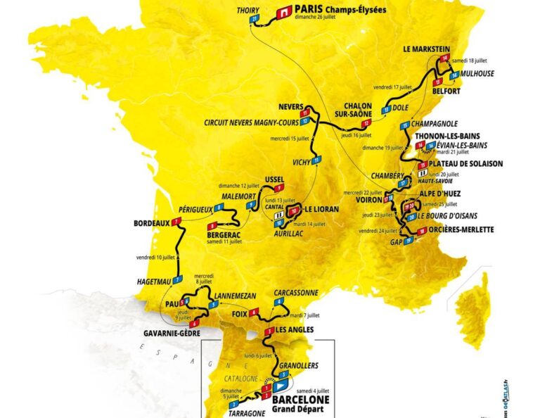 Carte du parcours du Tour de France 2026 de Barcelone à Paris, avec les principales étapes et villes d’arrivée.