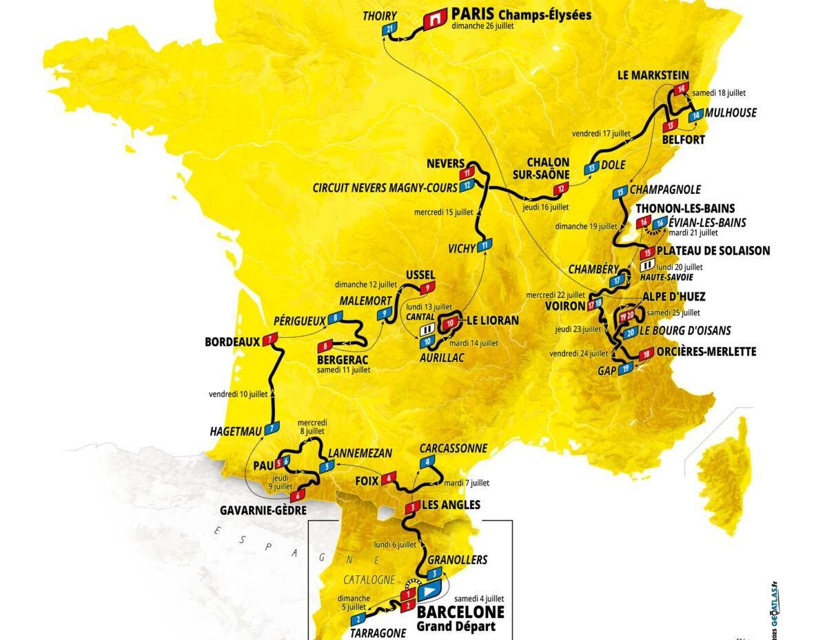 Carte du parcours du Tour de France 2026 de Barcelone à Paris, avec les principales étapes et villes d’arrivée.