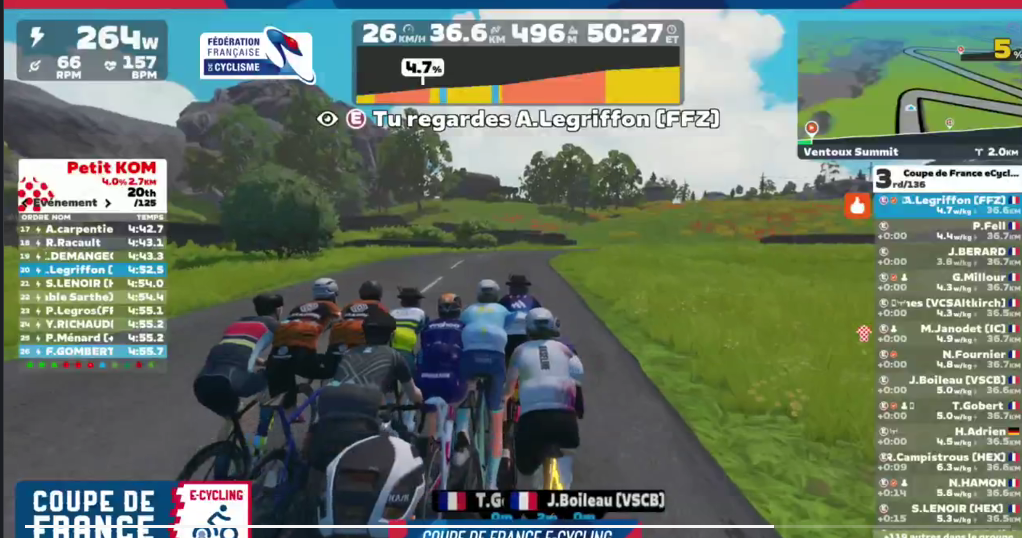 Peloton virtuel en pleine action lors de la manche 2 de la Coupe de France E-Cycling 2025-2026, disputée au format Short Race sur Zwift.