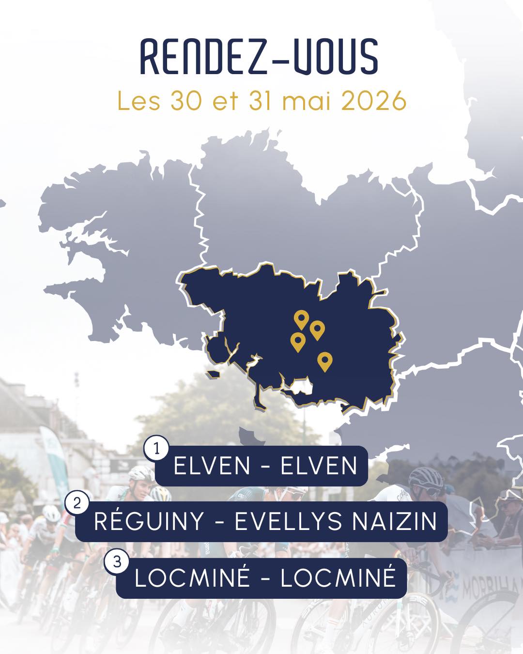 Carte des étapes du Trophée Centre Morbihan 2026 avec Elven, Réguiny-Évellys-Naizin et Locminé.