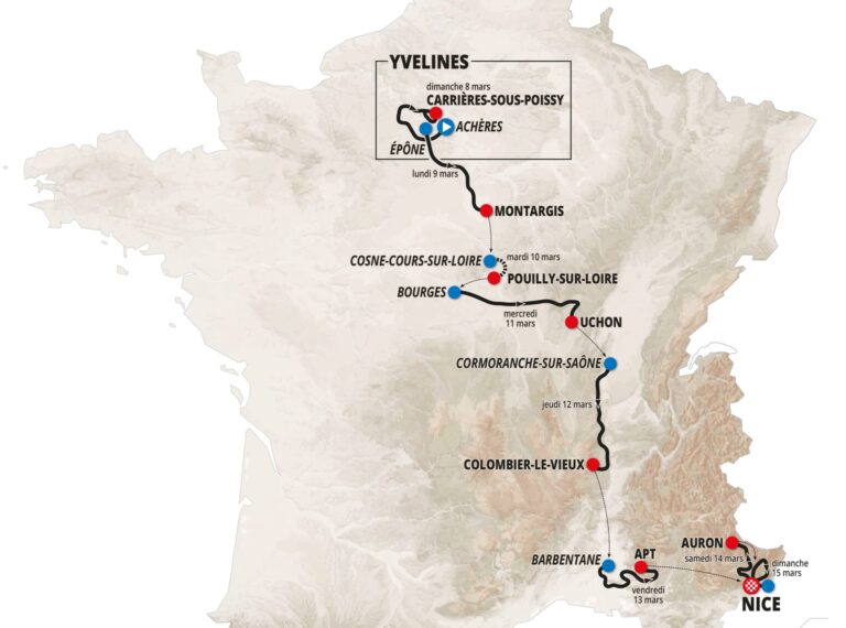Carte du parcours de Paris-Nice 2026 d’Achères à Nice
