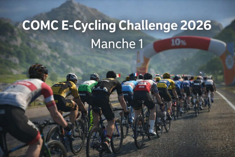 Peloton virtuel lors de la 1re manche du COMC E-Cycling Challenge 2026 sur Zwift