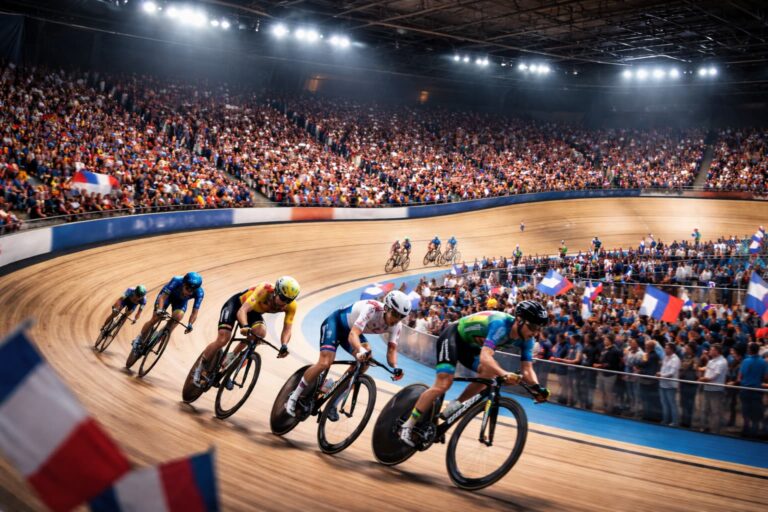 Coureurs engagés dans une course sur piste lors des Championnats de France Elite