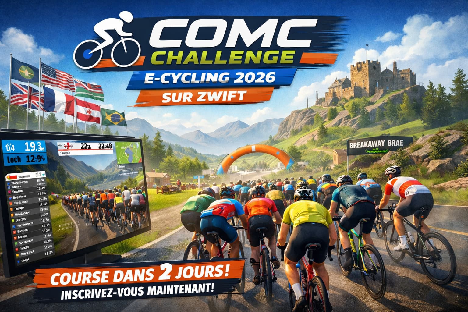 COMC Challenge e-Cycling 2026 sur Zwift, peloton international en course