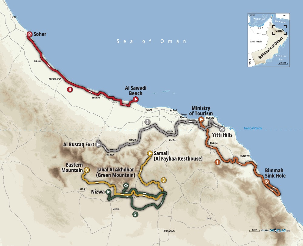 Carte du parcours du Tour of Oman 2026 avec les cinq étapes