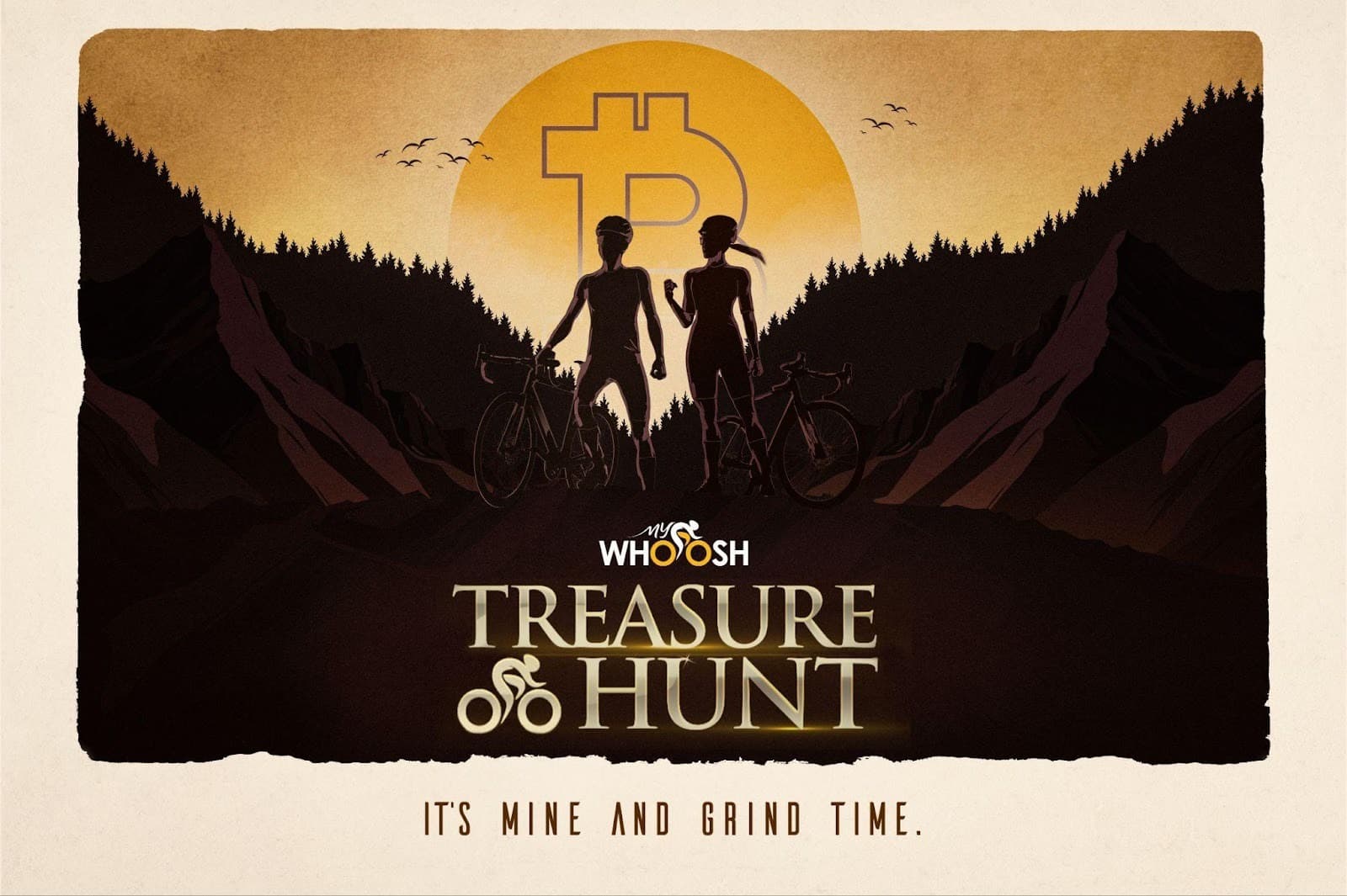 Interface MyWhoosh présentant la Treasure Hunt dans un monde virtuel
