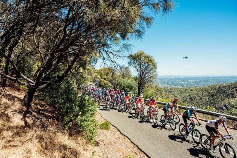Peloton du Tour Down Under 2026 sur une route vallonnée en Australie