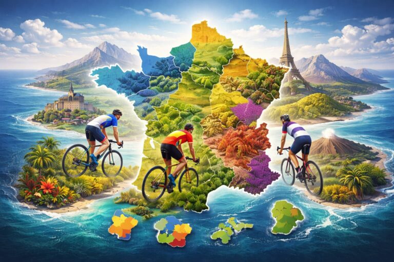 Illustration des régions françaises et de l’outre-mer autour du Challenge Raymond Poulidor