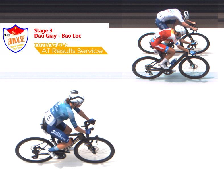 Arrivée de la 3e étape du BIWASE Tour of Vietnam avec les coureuses franchissant la ligne à Bao Loc.