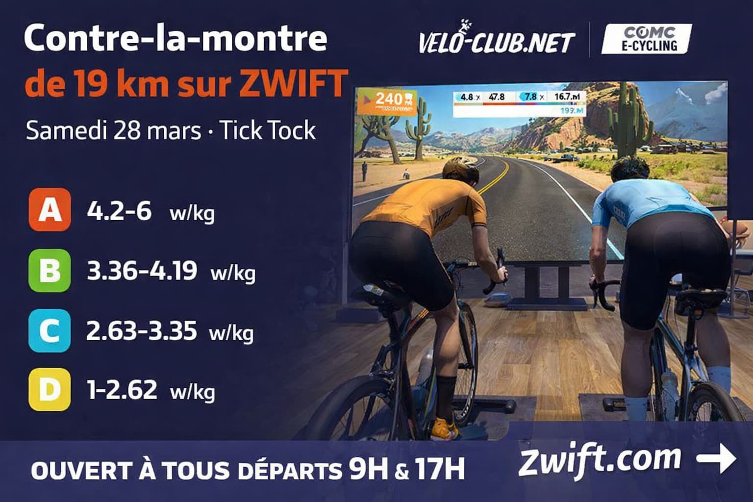contre-la-montre Zwift Tick Tock 19 km COMC E-Cycling