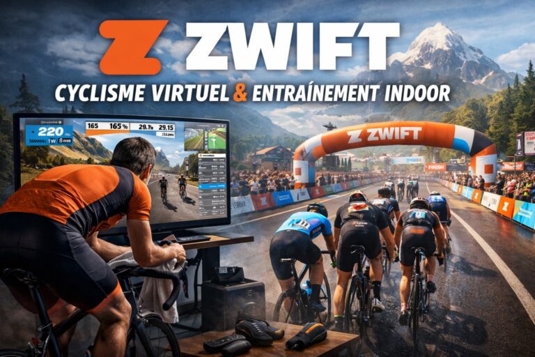 cycliste utilisant Zwift sur home trainer connecté avec simulation de course virtuelle