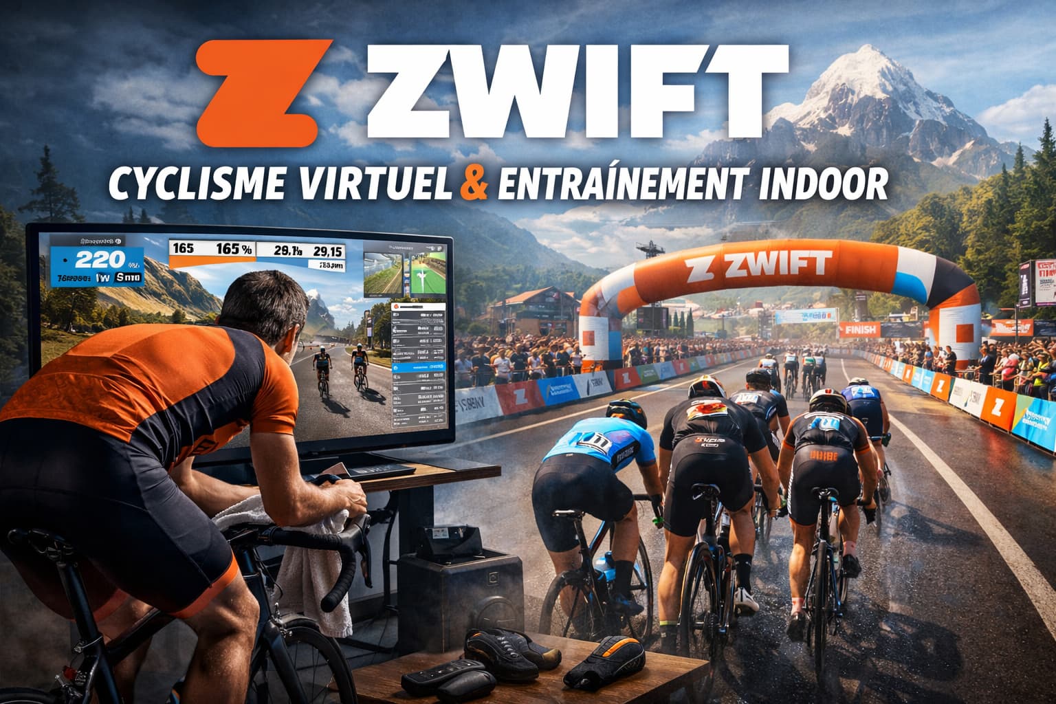 cycliste utilisant Zwift sur home trainer connecté avec simulation de course virtuelle