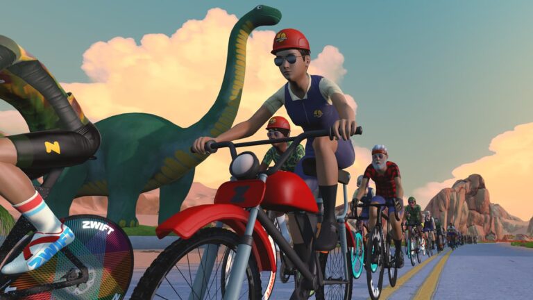 cyclistes virtuels sur Zwift dans l’univers Watopia