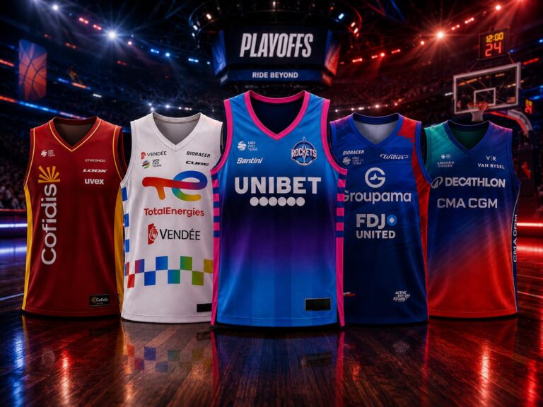 Maillots de cyclisme revisités en version basket dans une salle américaine pendant les playoffs