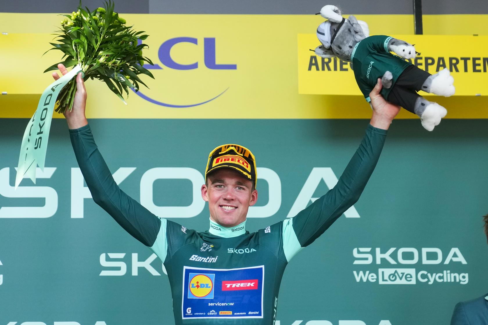 Mads Pedersen avec le maillot vert du Tour de France après la 4e étape