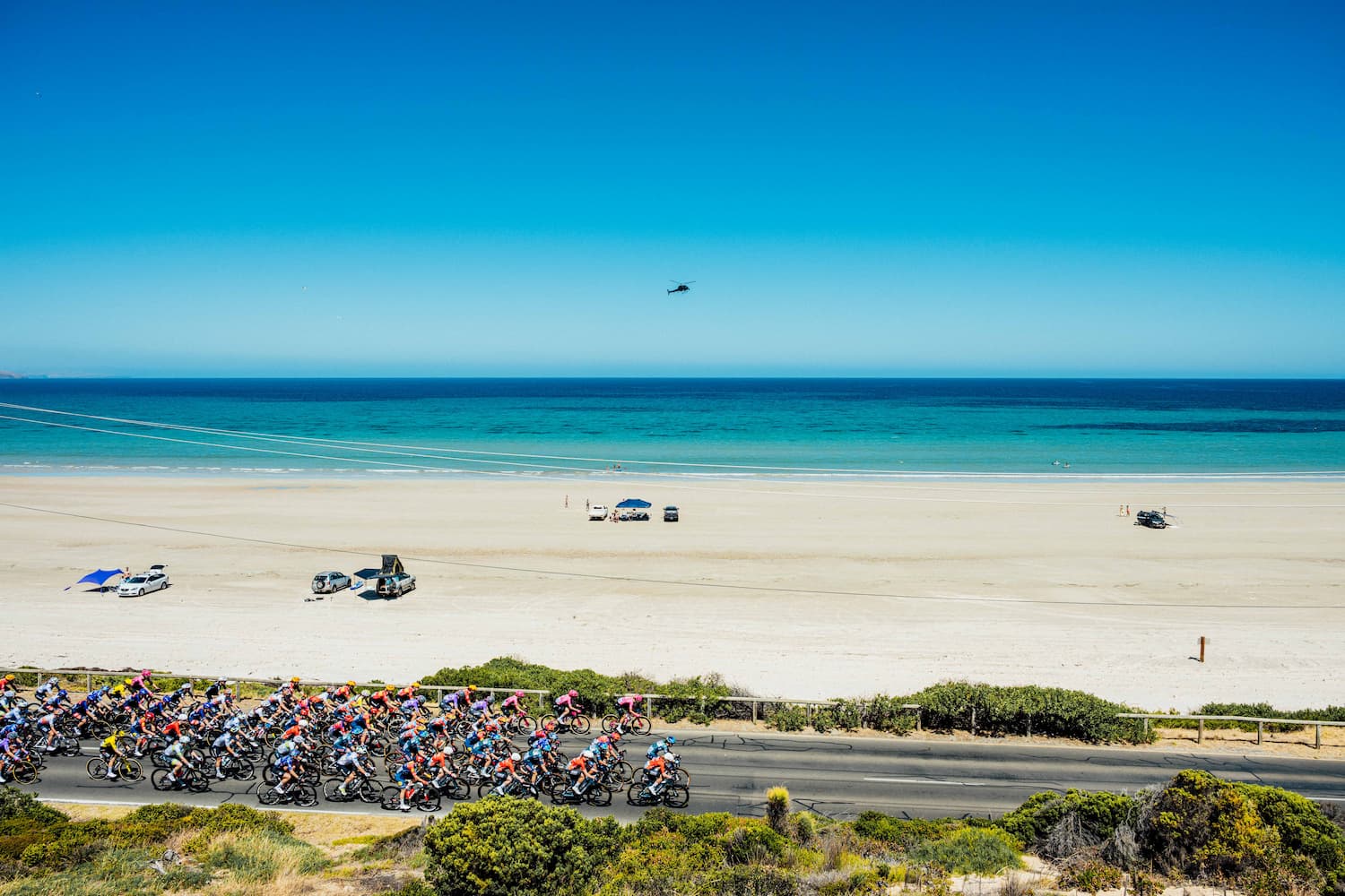 Le peloton du Tour Down Under sur les routes australiennes près de Willunga Hill